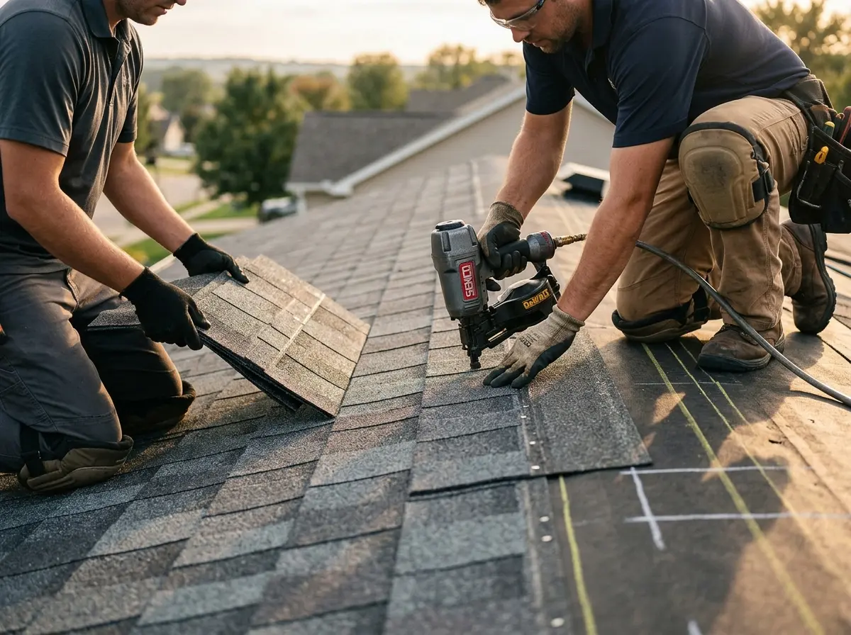 Professional roofer working on a residential roof in Riverbank